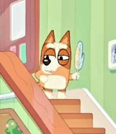 a cartoon dog is standing on the stairs