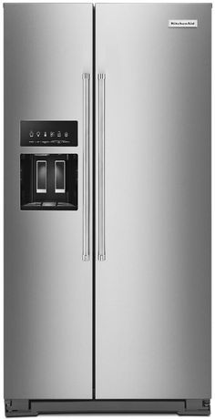 a stainless steel refrigerator freezer with two doors and one door open, in front of a white background