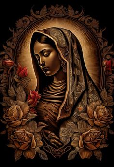 an image of the virgin mary with roses in front of her face and hands, on a black background