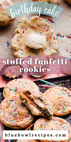 birthday cake stuffed funfetti cookies with sprinkles and ice cream on top