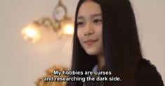 a woman with long black hair standing in front of a clock and text that reads, my hobies are curses and researching the dark side