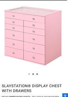 a pink dresser with drawers on it and the words slatstation display chest wh drawers