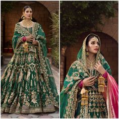 two pictures of a woman in green and gold bridal attire, one is wearing an elaborate