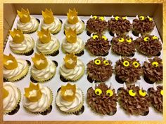 cupcakes decorated with chocolate frosting and yellow eyes