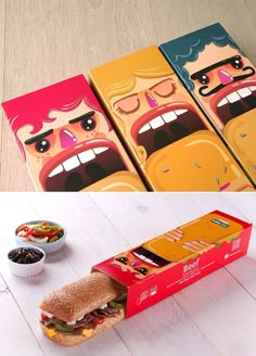 two boxes that have food in them and one has an image of a man on it