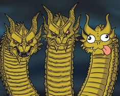 three yellow dragon like creatures standing next to each other with their mouths open and tongue out