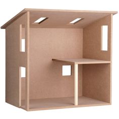 a cardboard dollhouse with two windows and a table in the middle, on a white background