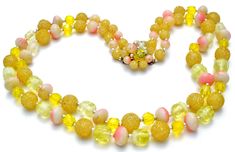 Multi Strand Beads - This is a double strand yellow glass, pink lucite, yellow sugar bead necklace. Shortest strand is 19" long, with additional strand slightly long, beads are .5" wide. Vintage Yellow Necklace With Colorful Beads, Yellow Single Strand Necklace For Jewelry Making, Yellow Single Strand Beads For Gifts, Vintage Yellow Jewelry With Colorful Beads, Vintage Yellow Round Bead Necklaces, Vintage Yellow Polished Beads, Vintage Yellow Single Strand Jewelry, Yellow Multi-strand Necklace For Party, Yellow Single Strand Beads For Jewelry Making