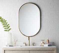 a bathroom vanity with a round mirror above it and a plant on the counter top