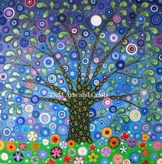 a painting of a tree with lots of circles on it's leaves and branches