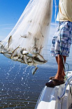 a man on a boat with a net full of fish in the air and water behind him