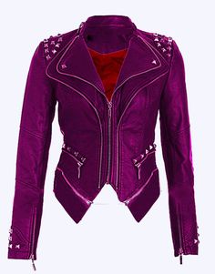 New Purple Color Silver Studded Punk Designed Cowhide Leather Jacket For Women's on Storenvy Pink Fitted Punk Biker Jacket, Pink Punk Biker Jacket With Long Sleeves, Pink Punk Biker Jacket For Winter, Pink Winter Biker Jacket For Party, Pink Winter Party Biker Jacket, Fitted Purple Leather Jacket For Fall, Purple Long Sleeve Biker Jacket For Winter, Purple Long Sleeve Leather Jacket For Spring, Wwe Paige