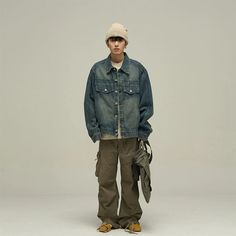 Model is 5ft 10''(178cm) tall, 145 lbs(66kg) weight and wearing a size L168cm 59kg wearing a size M - DENIM- Chest-pocket- Button-up- Collar- BLUE Casual Denim Blue Outerwear With Five Pockets, Washed Blue Recycled Denim Jacket With Pockets, Casual Indigo Denim Jacket With Pockets, Casual Denim Outerwear With Cargo Pockets, Winter Relaxed Fit Denim Cargo Jeans, Winter Casual Cargo Jeans In Denim, Casual Winter Cargo Jeans In Denim, Baggy Denim Outerwear With Pockets, Winter Casual Cargo Jeans