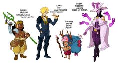 some cartoon characters with different costumes