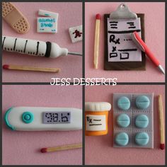 four pictures of different medical items on a pink surface with the words jess desserts written below them