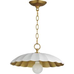 an antique brass and white glass pendant light fixture with chain hanging from the bottom to the ceiling