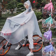 the woman is riding her bike with a cover over it's head and wearing white shoes