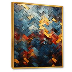 an abstract painting with blue, yellow and red colors on the wall in a gold frame