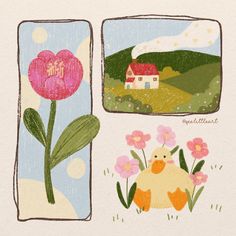 two pictures with flowers and a bird in the middle one has a house on it