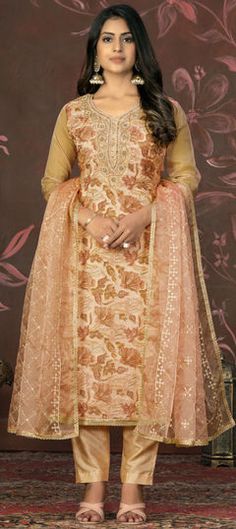 Beige and Brown color Salwar Kameez in Organza Silk fabric with Cut Dana, Stone, Weaving work Stone Weaving, Violet Color, Stone Work, Thread Work, Wear Pink, Salwar Kameez, Straight Cut, Silk Fabric, Brown Color