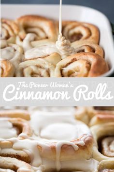 cinnamon rolls with icing being drizzled over them in a baking dish