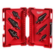 milwaukee tool set in red case with tools inside