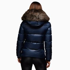 Overview: Go for the classy outerwear by Jack1T Women's Prime Slick Down Hooded Puffer Jacket features classic fit, high volume quilt paneling, short length to sit at the high hip when worn, luxurious faux fur hood trim, chunky zip closures, curated cast metal details, secure-zip pockets, structured rib cuffs, textured print signature, full-length center front storm flap with signature print, soft-touch bungee storm cords, inner utility pocket. Features: Color: Navy Style: W011CLA20159N02 Santa's Nice List, Blue Puffer Jacket, Blue Puffer, Navy Style, Hooded Puffer Jacket, High Hips, Navy Fashion, Fur Hood, Signature Print