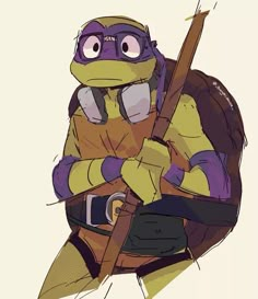 a drawing of a teenage mutant holding a baseball bat and wearing a purple turtle costume