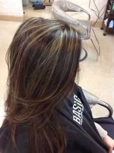 Long dark hair with foils Highlights Partial, Hair Highlights For Dark Hair, Foil Hair Color, Highlights For Dark Hair, Bob Ombre, Gray Balayage, Partial Highlights, Hair Foils, Messy Bob