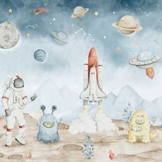 an astronaut and his friends are on the moon with planets in the sky behind them