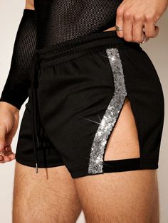 Black  Collar  Woven Fabric  Track Shorts Embellished Slight Stretch  Men Clothing Black Summer Bottoms With Contrast Sequin, Black Contrast Sequin Summer Bottoms, Black Contrast Sequin Bottoms For Summer, Stretch Sequin Short Bottoms, Stretch Sequin Shorts, Fitted Bottoms With Contrast Sequin For Club, Stretch Sequin Bottoms For Club, Summer Club Bottoms With Sequins, Embellished Black Shorts