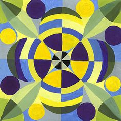 an abstract painting with blue, yellow and green circles in the shape of a flower