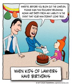 a woman is cutting a birthday cake with her family and friends in the background saying, when kids of law have birthdays