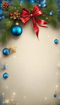 a christmas card with blue balls, pine cones and red bow on it's corner