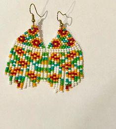 Traditional Beaded Fringe Earrings For Summer, Multicolor Fringe Beaded Drop Earrings, Multicolor Beaded Fringe Drop Earrings, Multicolor Fringe Beaded Earrings With Round Beads, Multicolor Beaded Fringe Earrings For Beach, Multicolor Fringe Beaded Earrings For Beach, Beaded Fringe Drop Earrings For Beach, Loom Pattern, Beaded Fringe