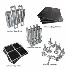 an assortment of metal parts including aluminum stage, aluminum frame and aluminum steel plate bases