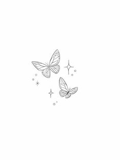 two butterflies flying in the air with stars around them on a white background, black and white drawing