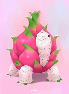 a pink and green plant with spikes on it's head, sitting in front of a pink background