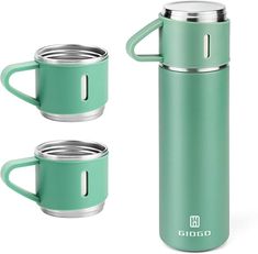 thermos and cups are sitting next to each other