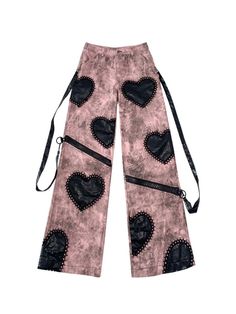 Elevate your alternative fashion game with our Black Heart Applique Pink Gothic Punk Wide Leg Jeans with Zips. These standout jeans feature a striking pink hue adorned with edgy black heart appliques, embodying a rebellious yet stylish vibe. The wide-leg design offers a comfortable and relaxed fit, perfect for making a bold statement. The zips add a touch of punk flair, enhancing the overall aesthetic.   Garment Size   	 		 			Size 			S 			M 			L 		 		 			Full Length 			103 			105 			107 Edgy Pink Cotton Bottoms, Pink Punk Bottoms For Spring, Trendy Pink Bottoms With Heart Print, Trendy Pink Heart Print Bottoms, Cool Girl Fashion, Black Waist Belt, Fall Knit Sweater, Heart Applique, Bow Fashion