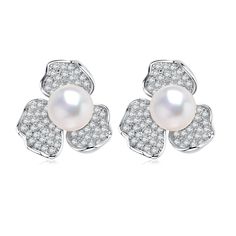 5-5.5mm Cubic Zirconia Floral Pearl Earrings for just $71.00 #PearlBling #ElegantPearls #ChicPearls #SouthSeaPearls #pearlscollection #LovePearls #Akoyapearls #houseofpearlsofficial #FineJewellery #80sfashion Classic White Cubic Zirconia Flower Earrings, Classic Flower-shaped Pearl Earrings For Formal Occasions, Formal Pearl Flower Shaped Earrings, Formal Flower-shaped Pearl Earrings, Akoya Pearls