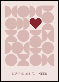 a red heart is in the middle of a pink and white poster with circles on it