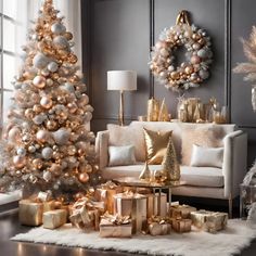 a living room decorated for christmas with gold and silver decorations