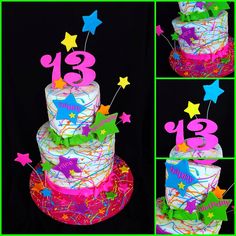 a three tiered cake with stars and numbers on it's side, surrounded by confetti and streamers