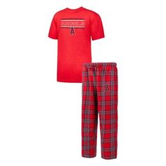 Rest comfortably knowing your Los Angeles Angels are adding a tally to the win column with this Badge T-shirt and pants Sleep set from Concepts Sport. Bold Los Angeles Angels graphics on the tee stand out when paired with the plaid bottoms. Super-soft fabric allows you to dream of team victories over and over again. Brand: Concepts Sport Imported Crew neck Officially licensed Embroidered graphics Short sleeve Tagless Collar Machine wash, tumble dry low Material: 65% Polyester/35% Rayon  Top; 60% Flannel Pants, Rayon Top, Detroit Red Wings, Sleep Set, Georgia Bulldogs, Mens Pajamas, Shirt And Pants, Drawstring Shorts, Big & Tall