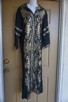 "Vintage gold embroidered Dress. Made in Greece. No size labeled - estimated medium - see measurements. In good vintage condition. Measurements taken across front laid flat Bust: 21\" Waist: 21 \" hip: 21\" Length (shoulder to hem): 53\" Condition: Good" Gold Long Sleeve Ceremonial Dress, Long Gold Dress For Festivals, Gold Long Dress For Festivals, Long Gold Dresses For Festivals, Long Bohemian Gold Dress, Traditional Gold Festival Dress, Traditional Gold Dress For Festival, Greece Dress, Gold Embroidered Dress