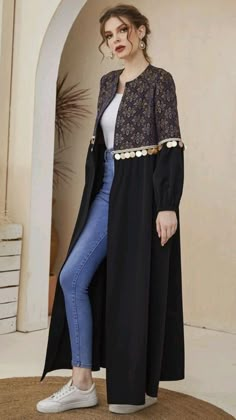 Hooded Dresses For Women, Sequin Kurta For Women, New Trendy Kurti Designs, Shrug Outfit, Trendy Abaya, Front Open Abaya, Shrugs For Women, Abaya Outfits, Printed Kurti Designs