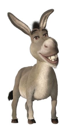 an animated donkey is smiling and looking at the camera with his mouth open, while standing on