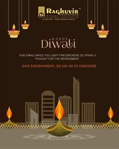 an advertisement for the diwali festival with candles hanging from strings and buildings in the background