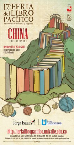 the poster for an event with books stacked up on top of each other, in front of a mountain